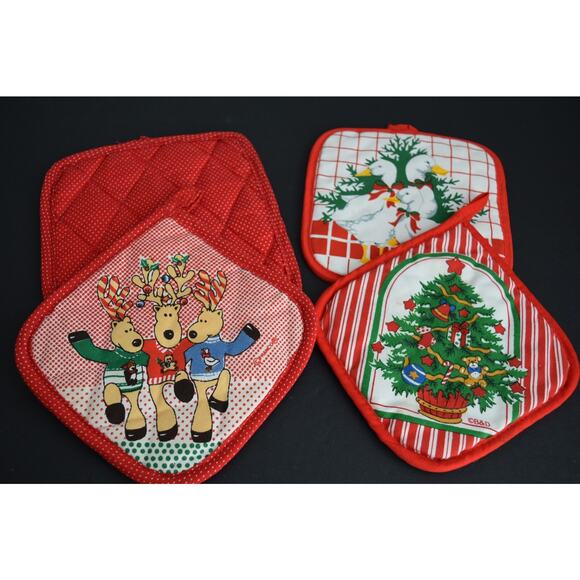 Lot of 4 Vtg Christmas Hot Pads Reindeer Geese Tree Polka Dots Stripes Retro - Picture 1 of 4